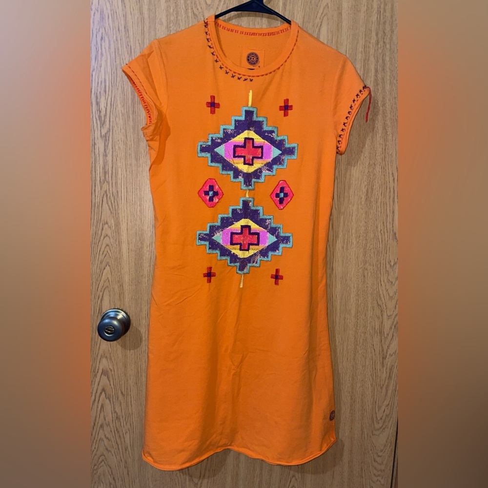 Double D Ranch Orange Short Sleeve Embroidered Stitching Dress Size Medium